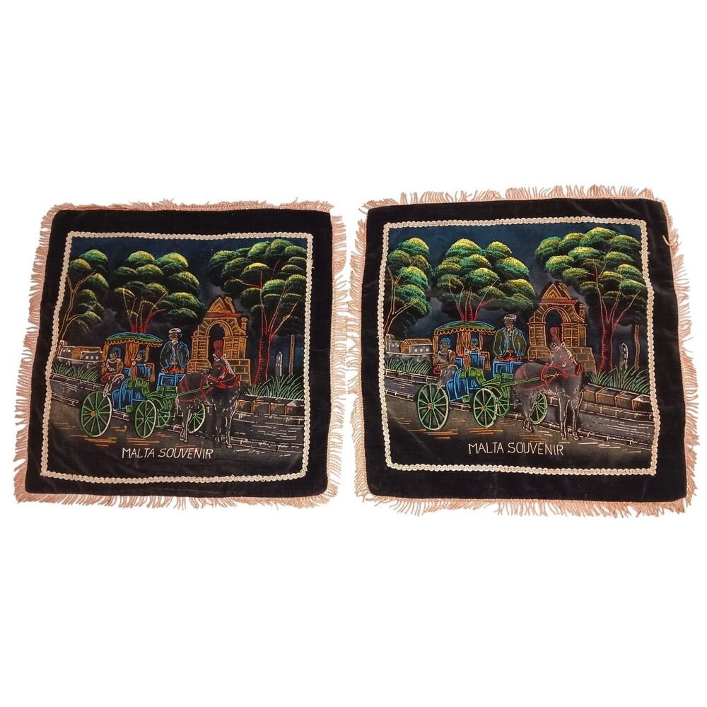 Vintage Souvenir of Malta Black Velvet Decorative Pillow Covers PAIR Maltese Cab